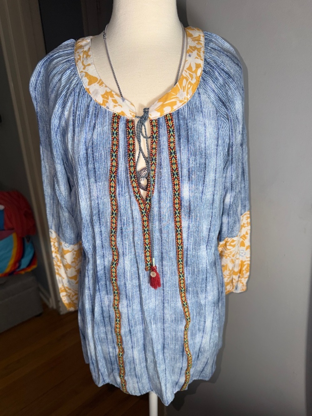 Melissa Paige Blue Striped Tunic with Yellow Floral Cuffs
